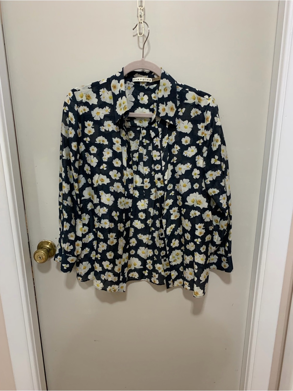 Alice + Olivia Navy and White Floral Blouse with Yellow Accents